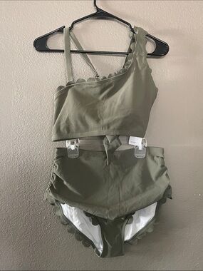 Target Olive Green Ribbed One-Shoulder High-Waist Bikini